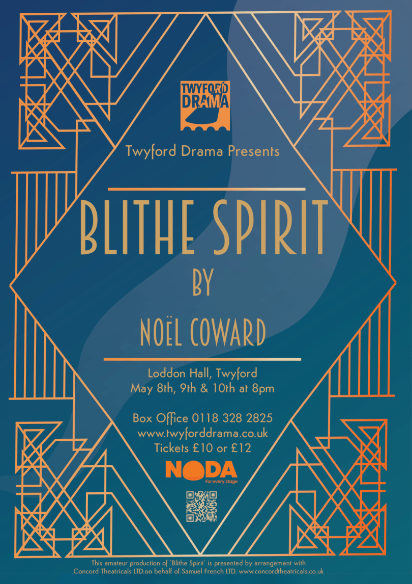 Blithe Spirit poster in blue and gold art deco style