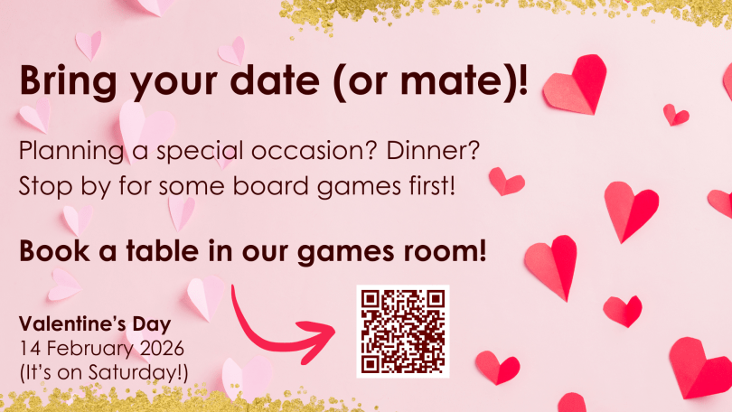 valentine's day flyer advertising board games at eclectic games