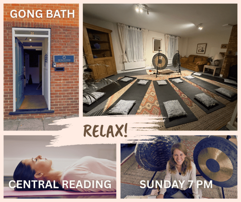 Image showing venue entrance, mat and instruments set up, a relaxed participant and Dr. Rebeca with the gongs