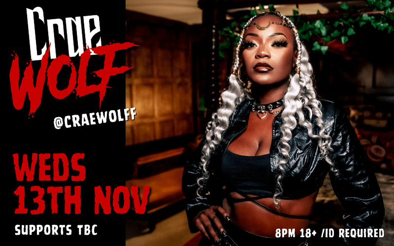 CRAE WOLF  MOBO Certified artist Crae Wolf, music exists where Rock & Fantasy meets Drill. The Gothic Rapper welcomes you to her sonic universe of “Goth Metal Rap”. The she-wolf draws from a diverse range of influences to create a blazing Grunge Nu Metal vibe. Effortlessly combining English with French, her musicality is unmatched. A true cinematic experience.  The East London Rockstar has gained a reputation for her bold fashion and electric performances that leave you enchanted. Why blend, when you can st