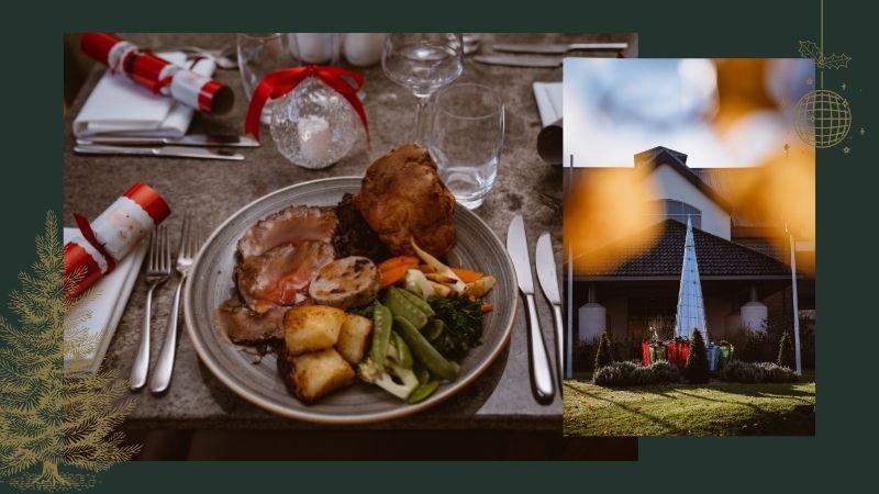 The photo shows two images. The main image shows a roast dinner with a Christmas cracker and the second image shows the exterior of the Wokefield Place building.