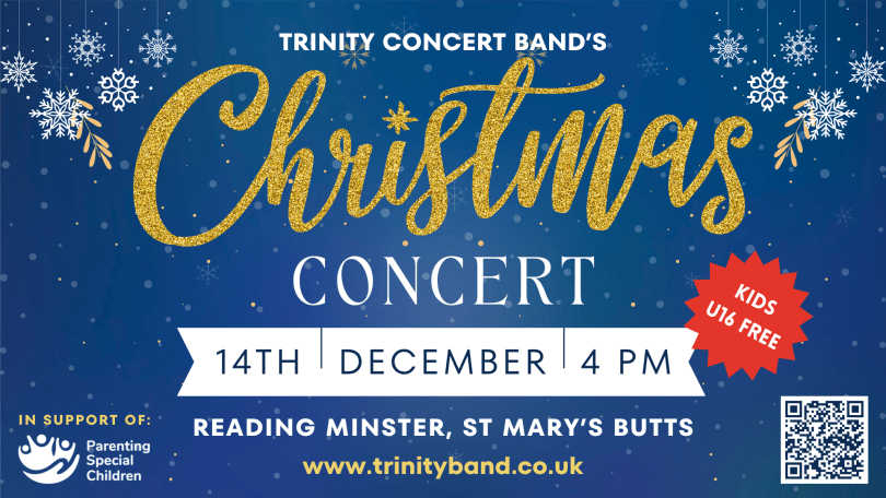 Blue snowy background with Christmas Concert as the main title. White snowflakes in the top corners.