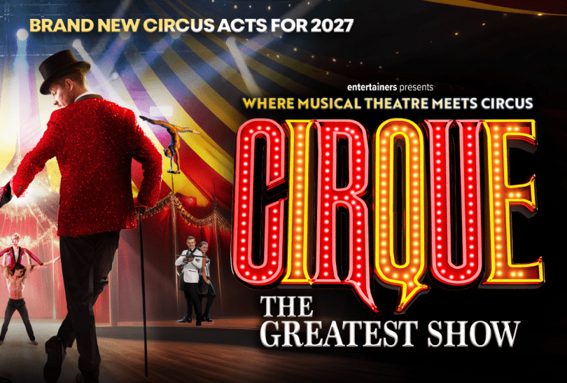 Ringmaster in a black top hat alonside Cirque logo
