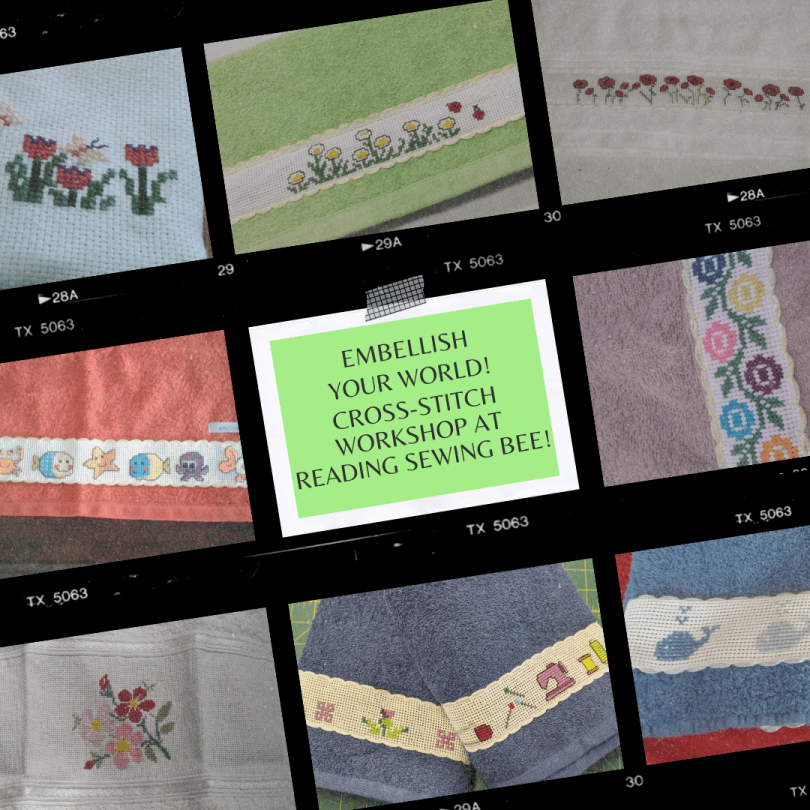 Several towels with decorative cross stitched bands 