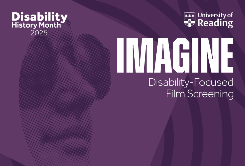 Poster for Disability-Focused Film Screening of Imagine, with an image of a person's face wearing dark glasses