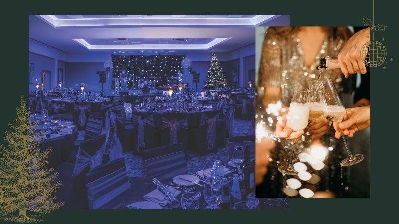 The photo shows two images. The main image shows a room set up for a Christmas party. The second image shows a group of people clinking their champagne glasses.