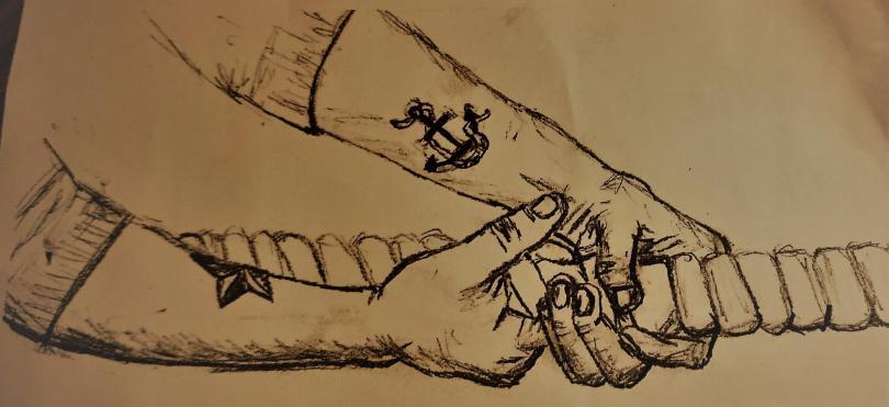 Drawing of two hands and forearms with tattoos hauling on a rope