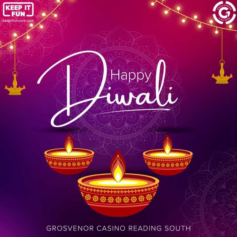 Pink and purple background with Diwali theme. Three Diya candles in the middle and 'Happy Diwali' text in the centre.
