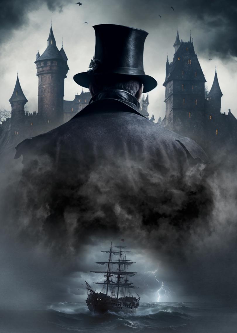 A dark, atmospheric image showing a mysterious figure in a black top hat standing before a gothic castle perched on a rocky coastline. Storm clouds gather overhead as mist swirls around the figure, revealing a ship battling rough seas below, evoking the sinister world of Dracula.
