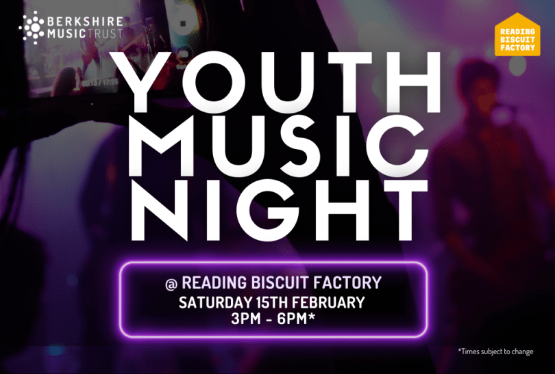 Advertisement image for Youth Music Night at Reading Biscuit Factory with photo of a band playing in background