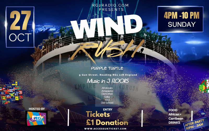RG2 Radio presents a Windrush all dayer  Music over 3 areas:  Reggae / Soca / Afrobeats /Amapiano  Local "Live PA"  Cariibean Food  ALL FREE ENTRY / 