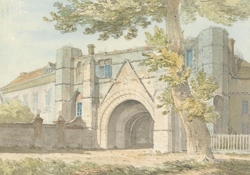 A water colour painting of Reading Abbey Gateway 
