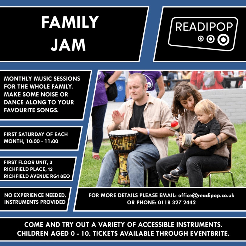 Image of a family playing drums together with information as seen below