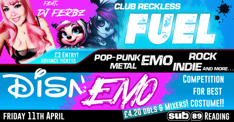 pink and blue poster with disney and emo imagery