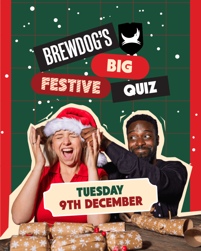 A person wearing a santa hat with a second person joking around. Text advertising the event.