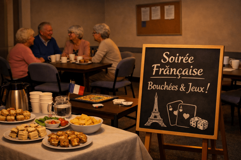 AI artwork of a group of people sitting in a restaurant. A chalkboard reads "Soiree Francaise!"