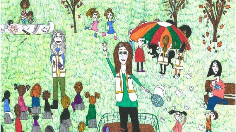 Drawing of families in the MERL garden