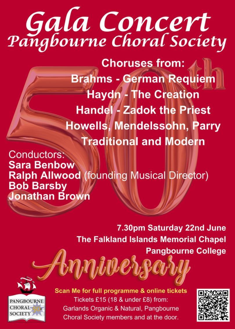 Poster for Pangbourne Choral Society 50th Gala Concert with information about the event and a big gold 50 on a red background