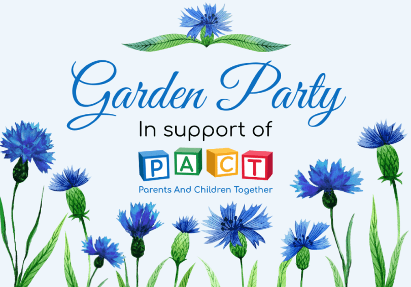 Blue cornflowers along the bottom edge of an image saying Garden Party and with PACTs logo