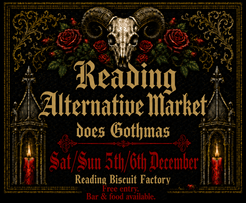 Poster featuring AI artwork of a ram skull and gothic cnadles