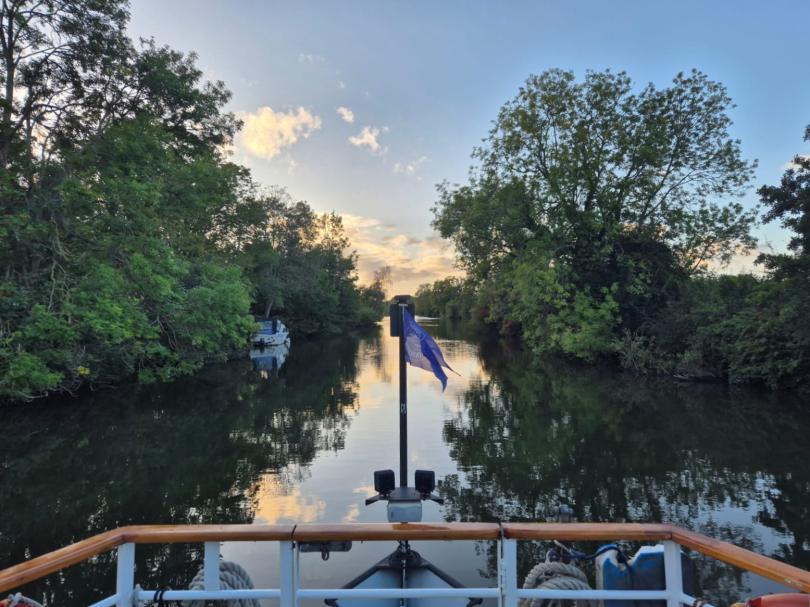 front of the boat with thames rivercruise flag river scene with foliage on either side of the bank