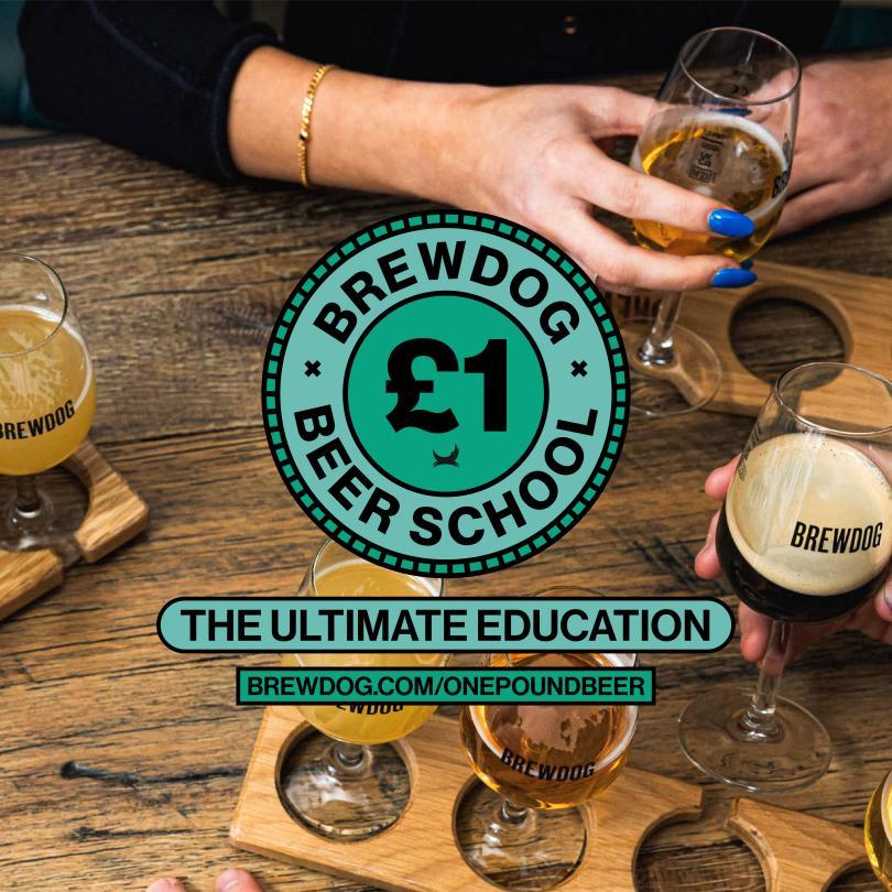 Tasting glasses with beer in them in wooden beer flight paddles. £1 Beer school logo and link to website.