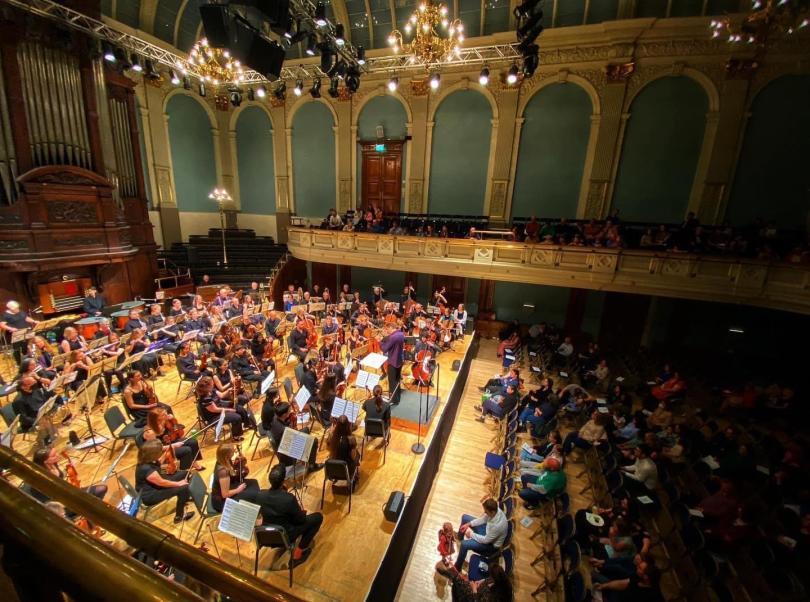 An image of the orchestra playing in Town Hall, Reading