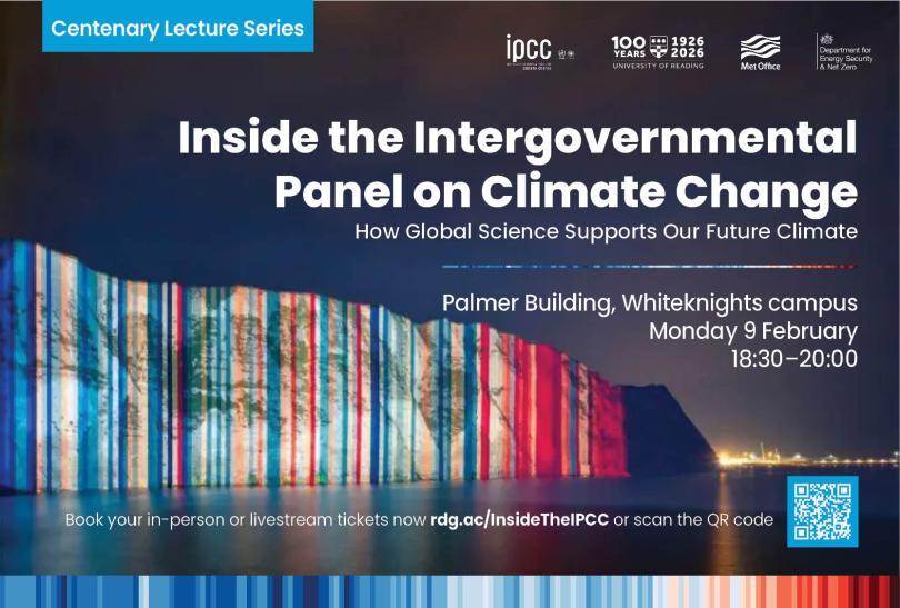 Poster featuring the Reading climate stripes being projected on a cliff-face