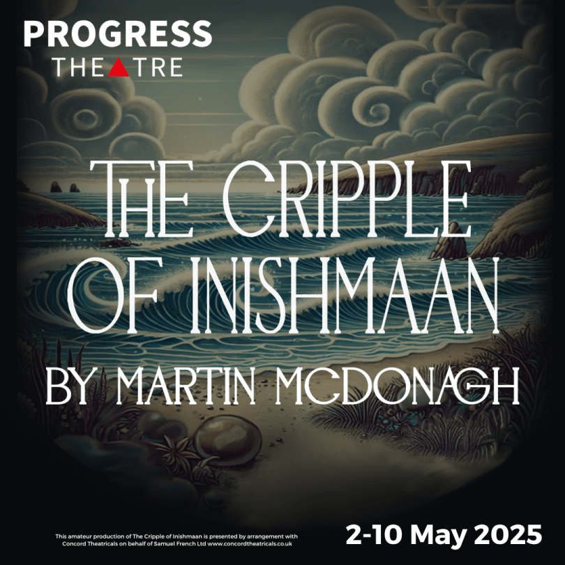 Text of "The Cripple of Inishmaan by Martin McDonagh" over a digital painting of a cloudy sky over an Irish field