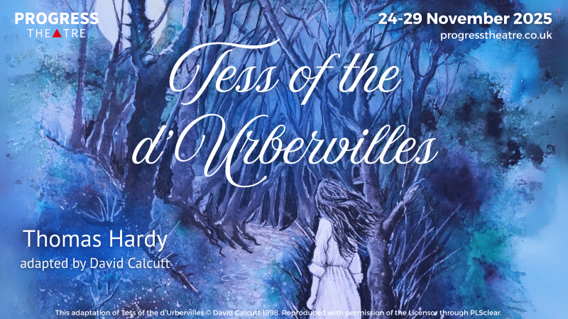 A blue-wash image of a waif-like girl walking through moody woodland with the play title written across