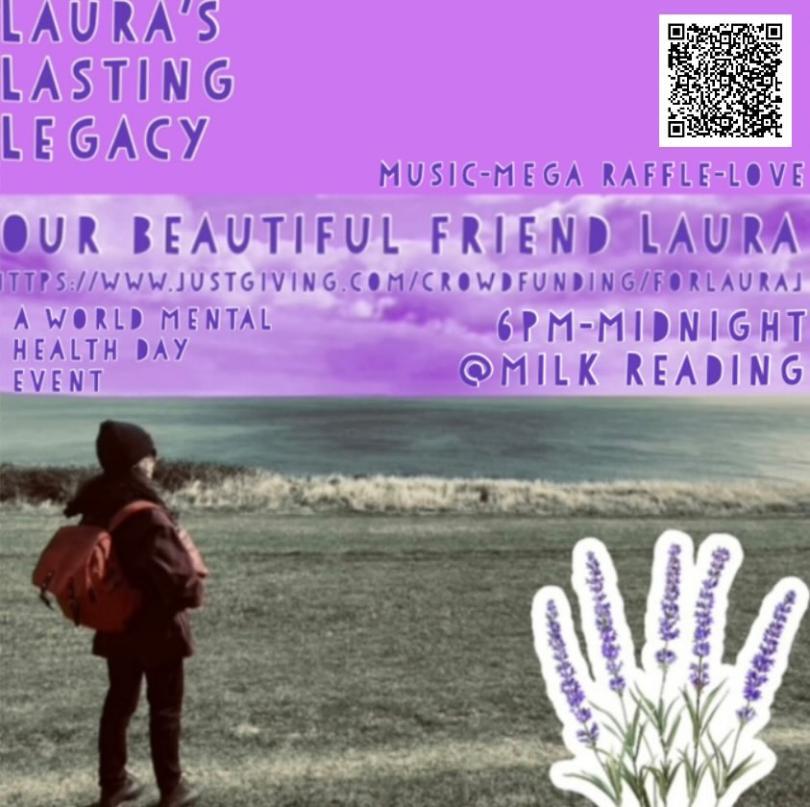 purple background World mental health day poster. Thurs 10th Oct at Milk Reading. Free entry, 6pm - 12.  DJs, charity raffel and more