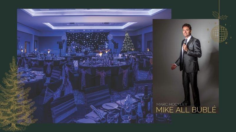 The image shows a room set up for a Christmas party and to the side of the photo there is an image of the Michael Bublé tribute artist.
