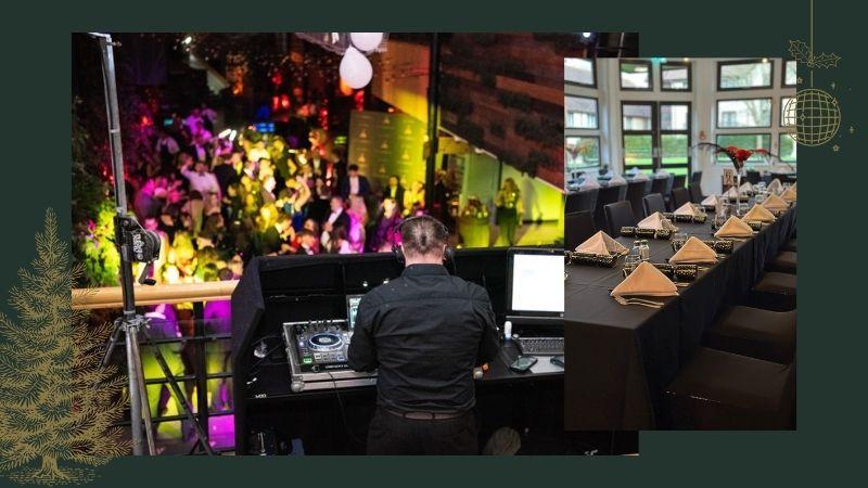 The photo shows two images. The main image shows a DJ on a platform with a crowd of people below dancing. The second, smaller image shows a table set up for the New Year's Eve Family Party.