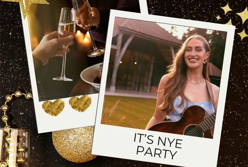 Photo of wine glasses clinking and another photo of a female singer holding a guitar, both framed to look like polaroid pictures against a black sparkly background