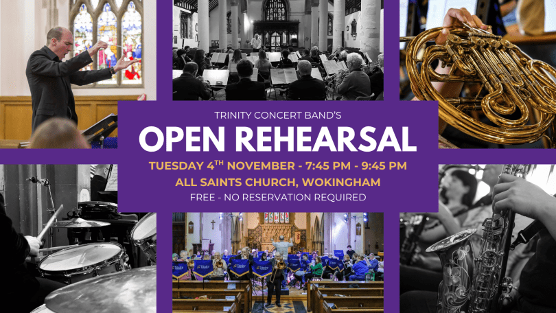 A montage of photos of band members playing their instruments, one of a French horn, one saxophone, one drummer, and the conductor with his baton in the air.