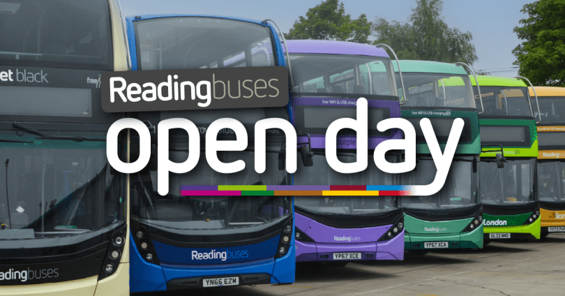 Different coloured Reading Buses lined-up