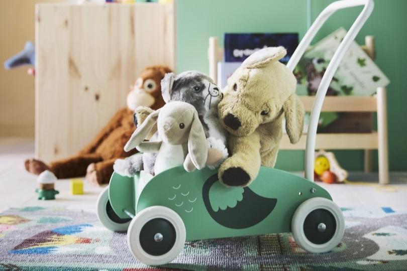 IKEA soft toys in a toy cart 