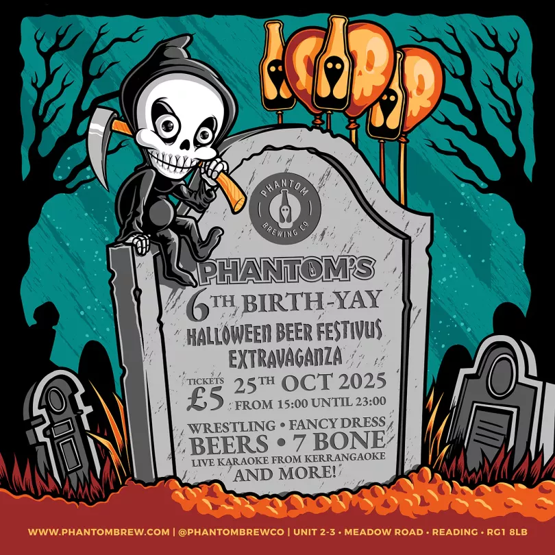 Poster featuring a cartoon grim reaper sitting on a gravestone detailing what's on at the event