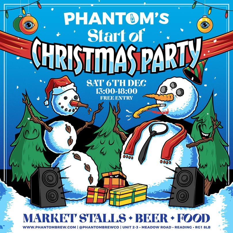 cartoon image of snow people, Christmas trees and presents