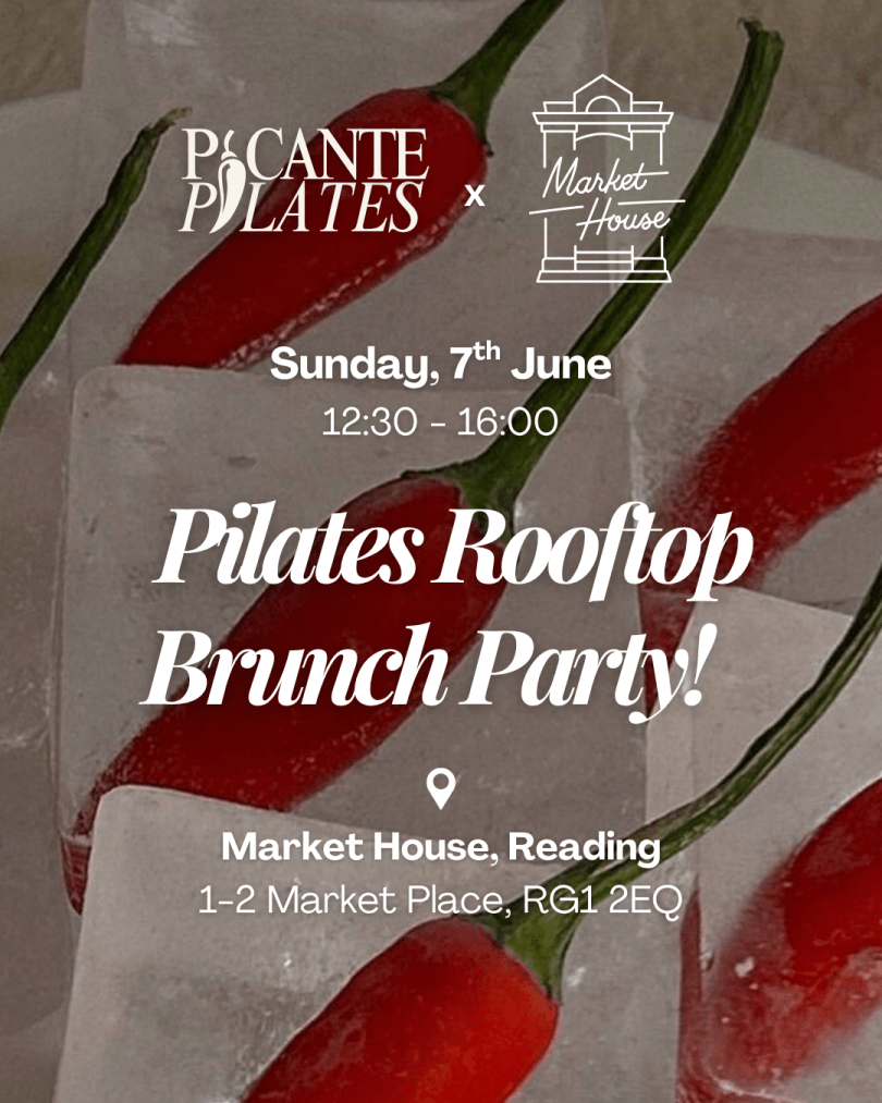Poster for a “Pilates Rooftop Brunch Party” with chili peppers in ice; Sunday 7th June, 12:30–16:00 at Market House, Reading