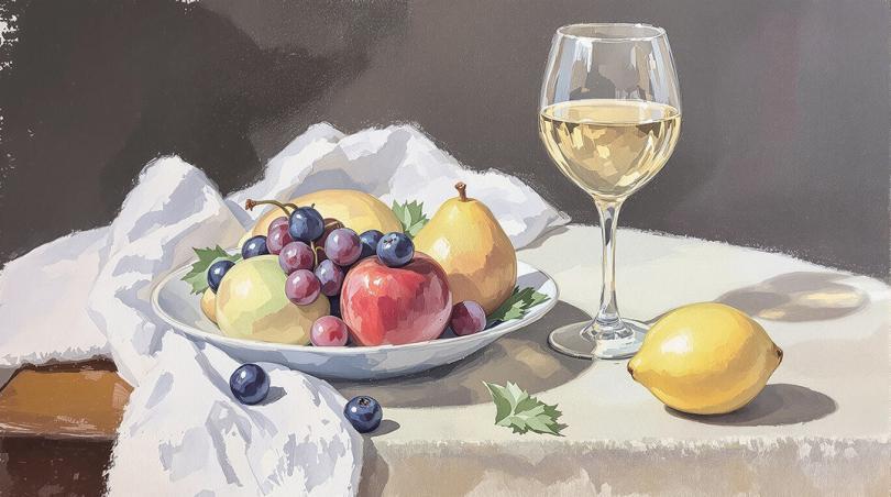 Pastel art of a bowl of fruit and a glass of wine
