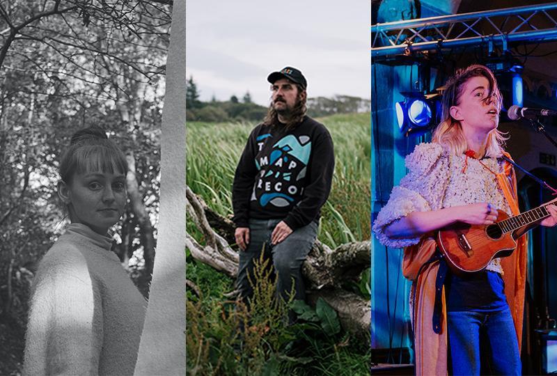Composite image of the three musicians performing at Lost Map 10. On the left is a black and white photo of Amy May Ellis, a white woman with light hair worn in a bun on top of her head with a fringe on her forehead. She is wearing a light coloured wooly jumper and there are trees in the background. In the centre is a photo of Pictish Trail, a white man with long brown hair and moustache with stubble, wearing a black baseball cap, black long-sleeved top with a colourful Lost Map Records logo on it, and dark