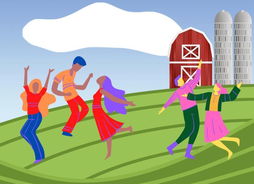 A hillside scene with green hills, a blue sky, a few clouds and a large yellow sun. There are cartoon people dancing, and a small red barn