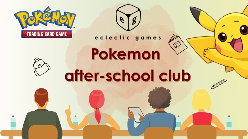 pokemon after school club text and pokemon logo on some school graphics and pikachu