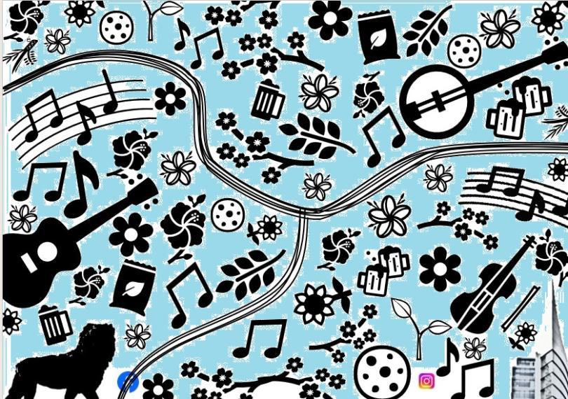 Images of musical instruments and notes, flowers and images related to Reading: the Maiwand Lion, biscuits, seeds, glasses of beer and The Blade. Running through the centre is the shape of the two rivers running through Reading, the Thames and the Kennet. The images are black on a white background, with light blue colouring in.