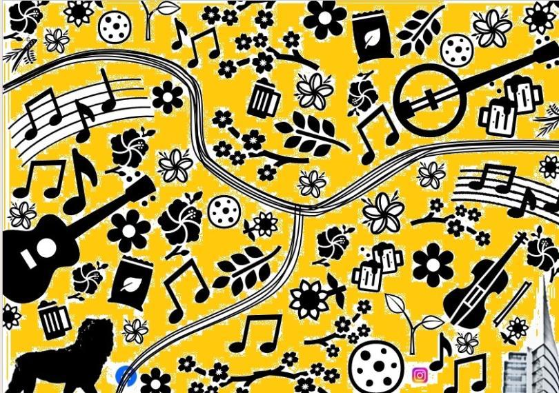 Pattern of images of musical instruments and notes, flowers and symbols of Reading: Maiwand Lion, biscuits, seeds, The Blade and glasses of beer. The shape of Reading's two rivers, the Thames and Kennet runs through the image. The shapes are black and background is yellow with splashes of white, as though it has been coloured in roughly in yellow.