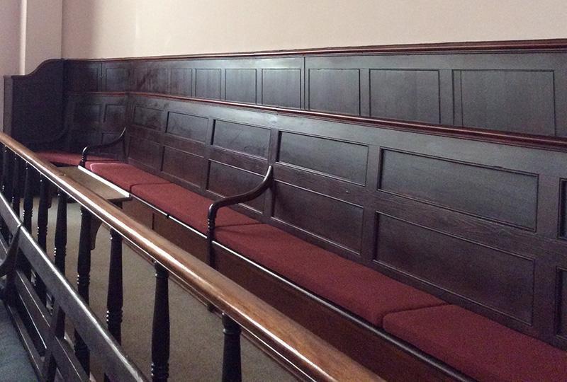 Wooden pews in the Quaker Meeting House