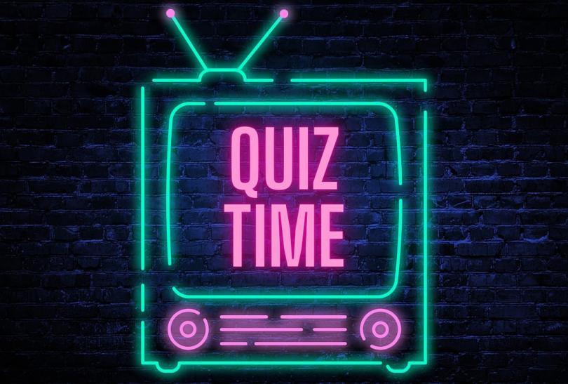 Neon sign image of a TV with "quiz time" in the middle
