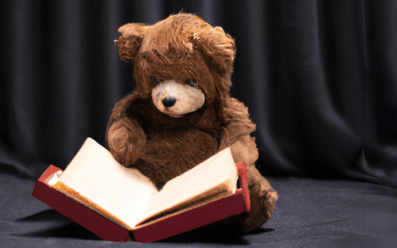 A brown teddy bear reading a book