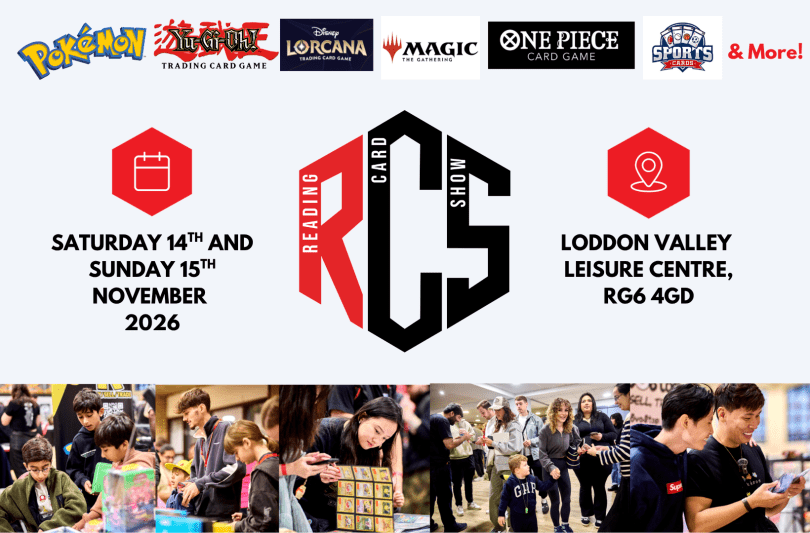 Reading Card Show poster featuring logos for Pokemon, Yu-Gi-Oh and other brands